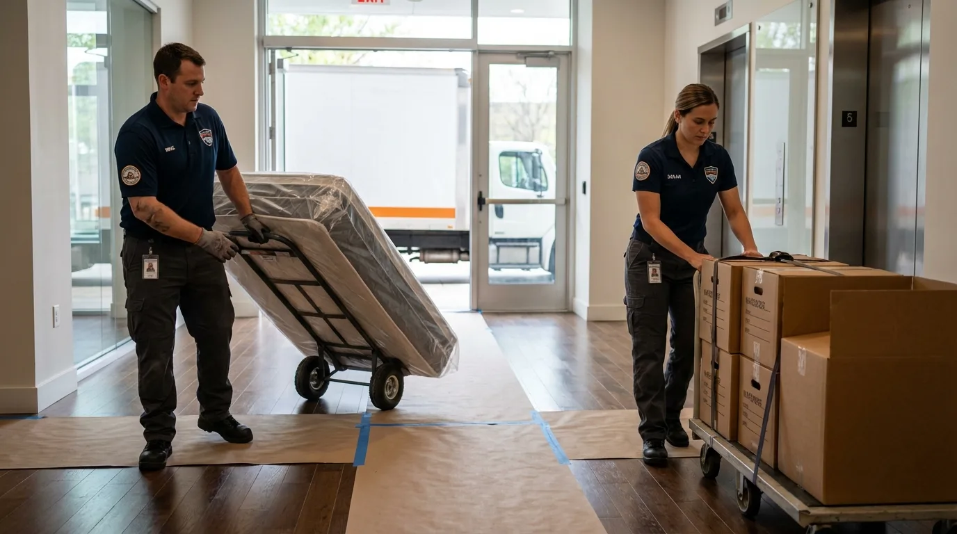 Professional apartment movers loading elevator in Diamond Springs, CA