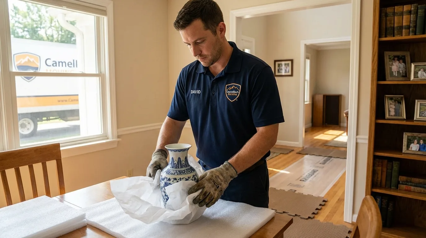 Professional crew carefully wrapping antique vase for senior downsizing move in Diamond Springs, CA